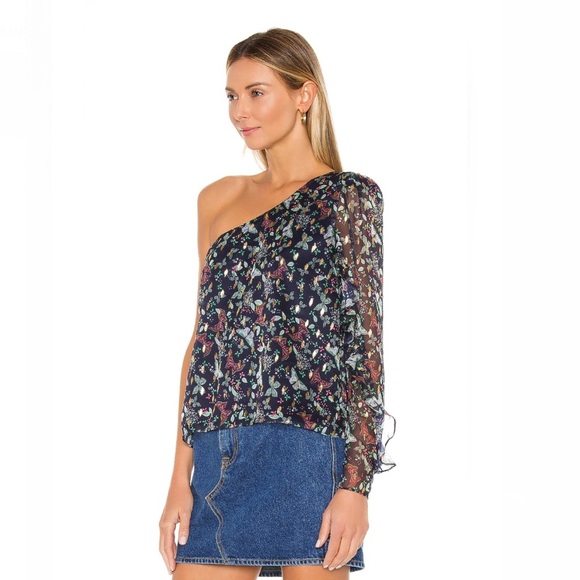 TULAROSA Rhea Sheer Floral One Shoulder Top in Navy Blue Size S - Picture 2 of 8